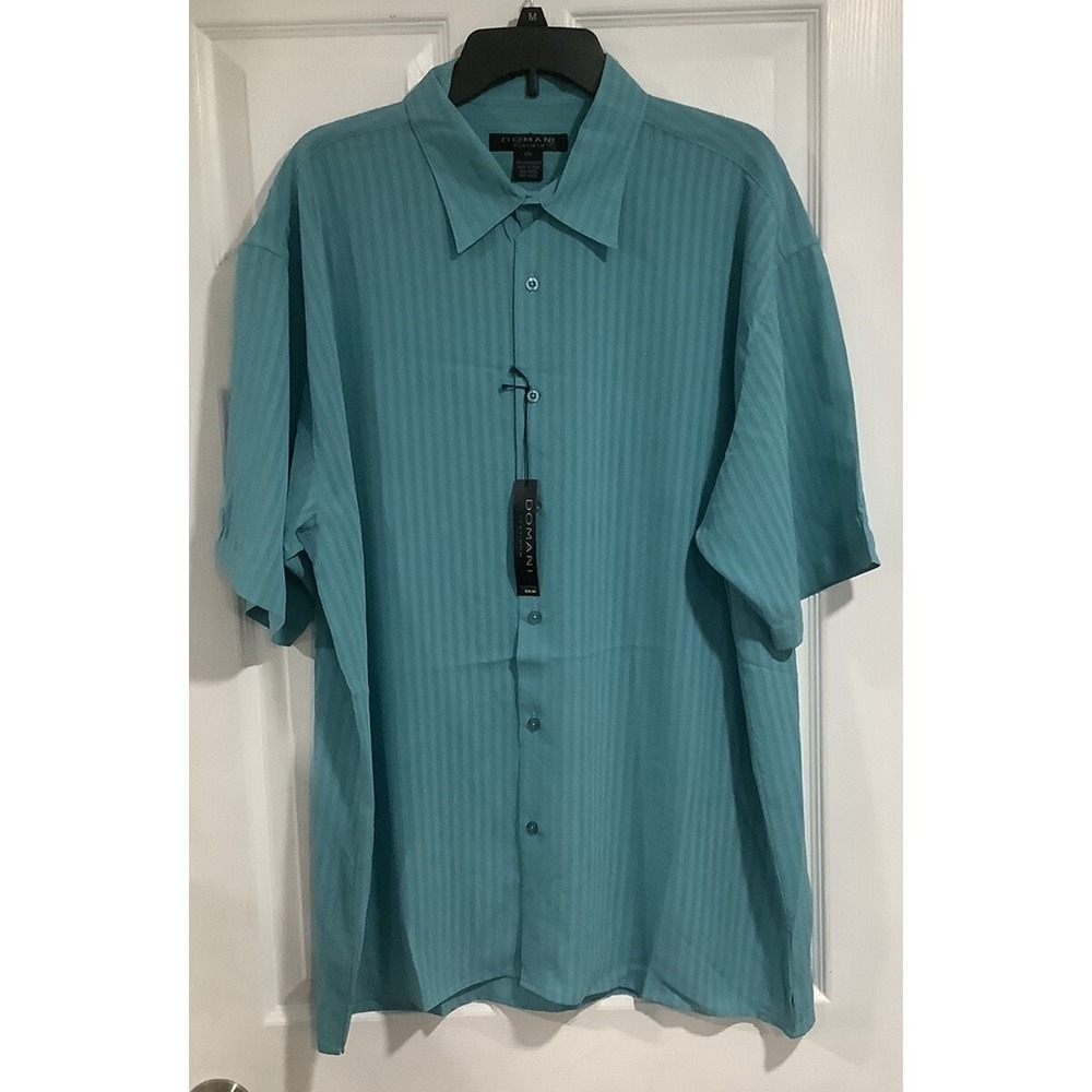 Vntg Domani Platinum Teal Shirt Mens 2XL Button Short  Sleeve Striped